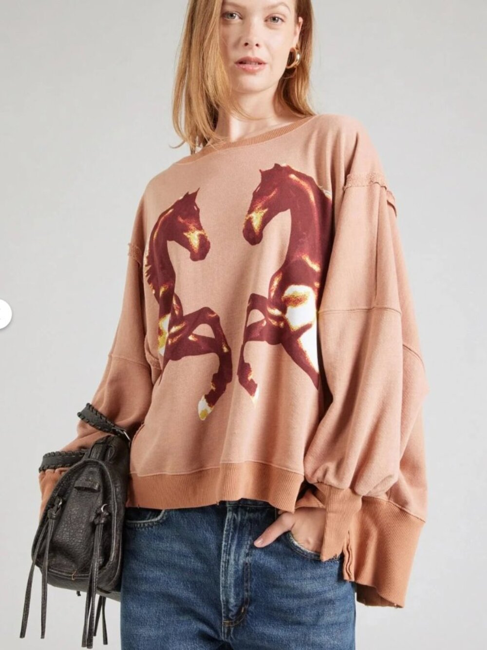 Free People We The Free Camden Mirrored Horses Graphic Sweatshirt Cowgirl Boho M - Picture 4 of 11